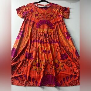 NWT LuLaRoe Vibrant Orange Floral A-Line Dress with Pink & Yellow Accents
